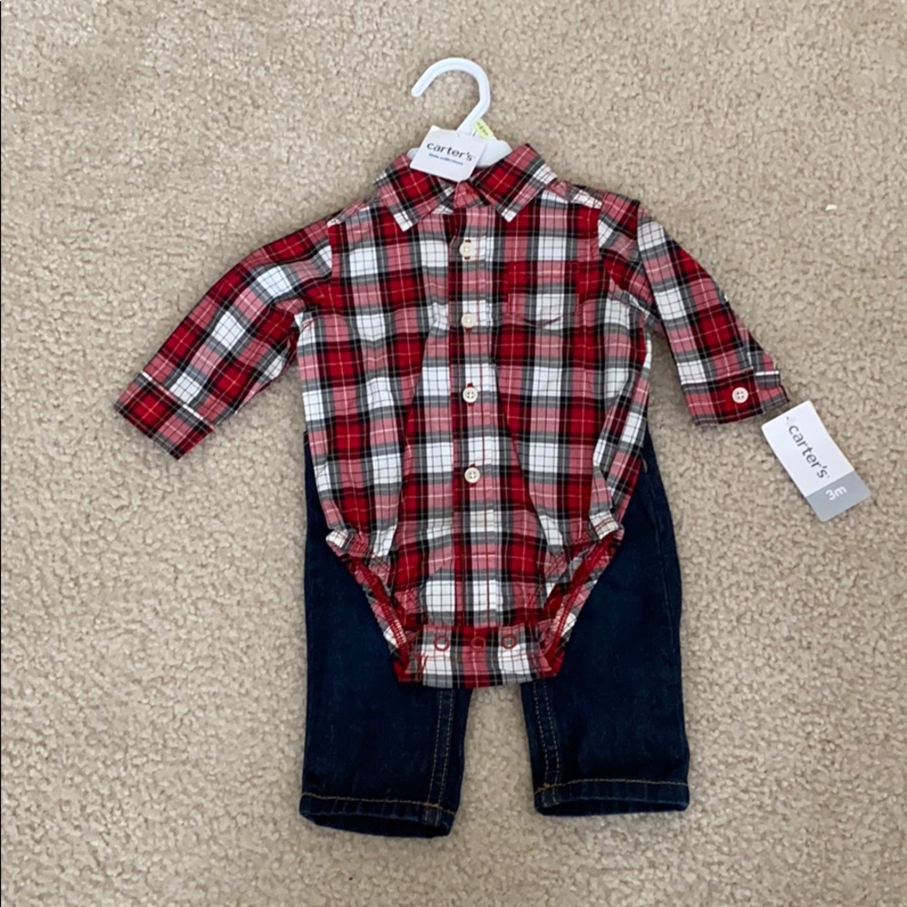 Jeans and plaid button up shirt